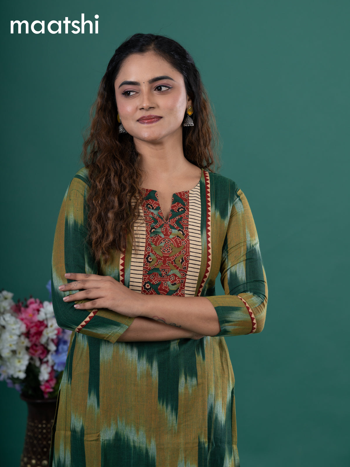 Cotton readymade kurti green and mustard shade with allover ikat prints & ajrakh patch work neck pattern without pant