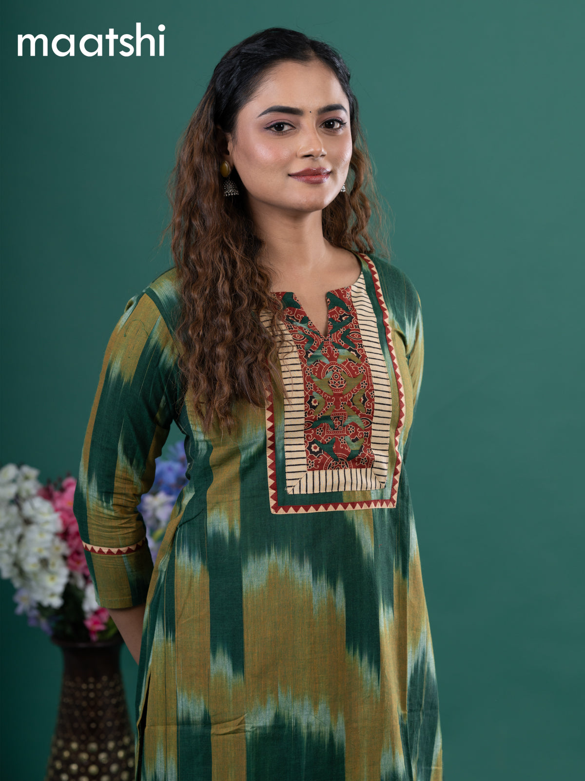 Cotton readymade kurti green and mustard shade with allover ikat prints & ajrakh patch work neck pattern without pant