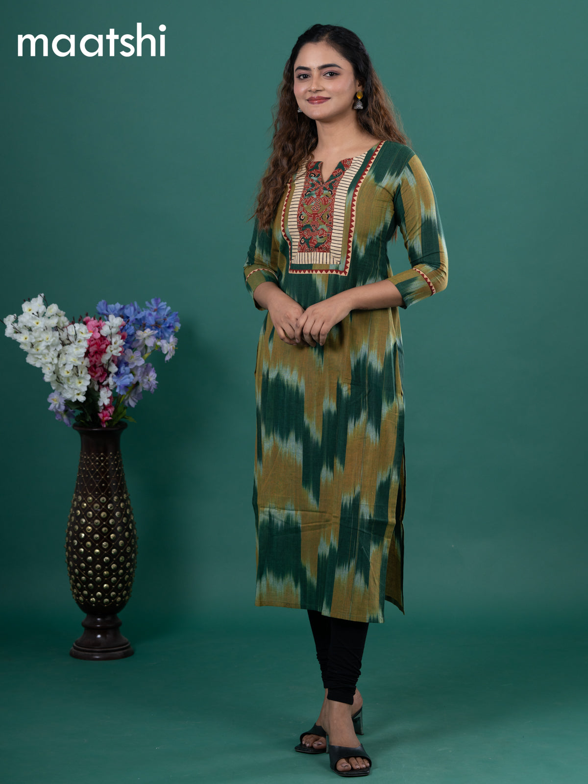 Cotton readymade kurti green and mustard shade with allover ikat prints & ajrakh patch work neck pattern without pant