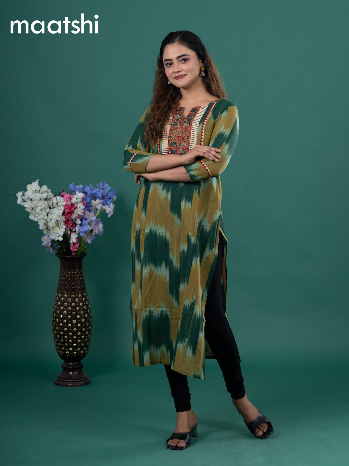 Cotton readymade kurti green and mustard shade with allover ikat prints & ajrakh patch work neck pattern without pant