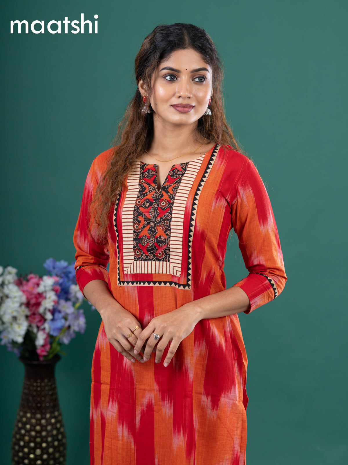 Cotton readymade kurti red and orange with allover ikat prints & ajrakh patch work neck pattern without pant