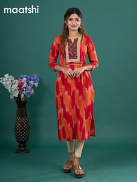 Cotton readymade kurti red and orange with allover ikat prints & ajrakh patch work neck pattern without pant