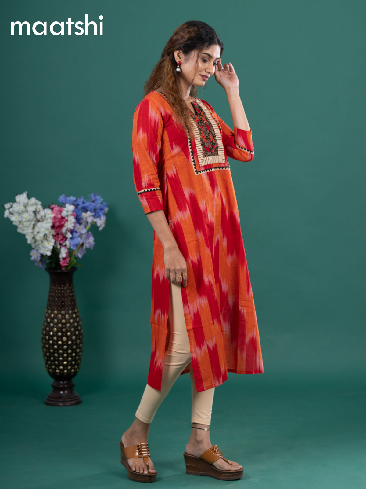 Cotton readymade kurti red and orange with allover ikat prints & ajrakh patch work neck pattern without pant