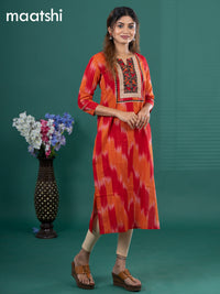 Cotton readymade kurti red and orange with allover ikat prints & ajrakh patch work neck pattern without pant