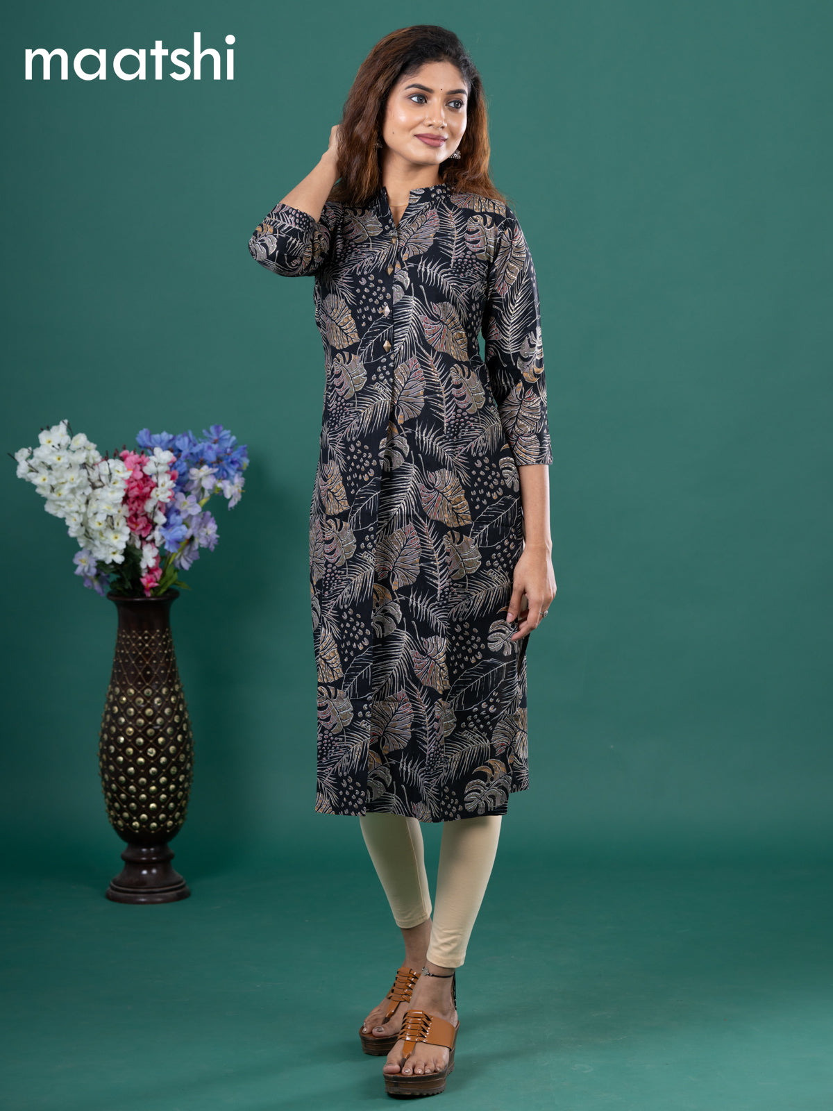 Cotton readymade kurti black with allover prints & simple neck pattern without pant