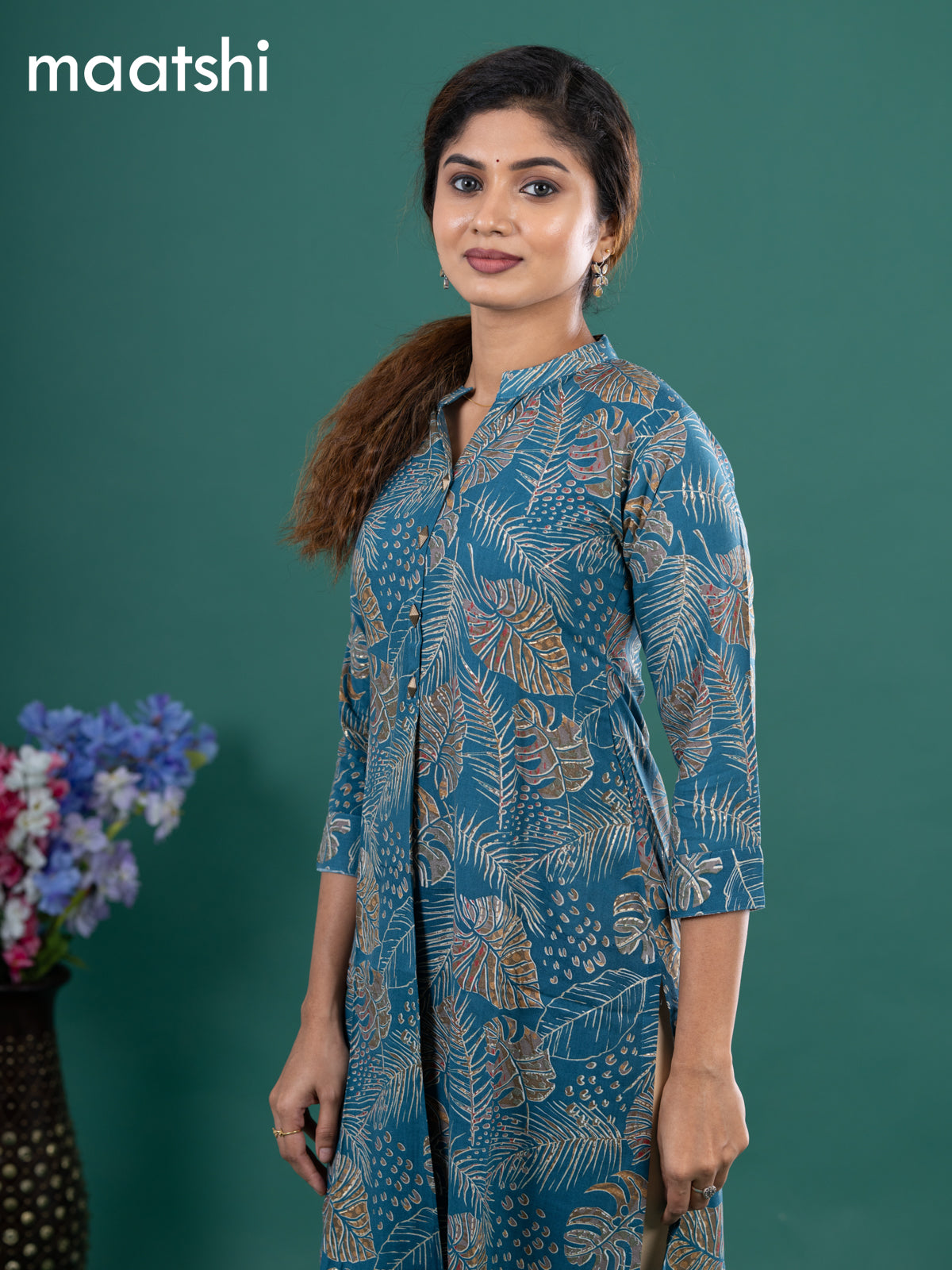 Cotton readymade kurti peacock green with allover prints & simple neck pattern without pant