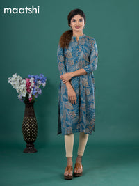 Cotton readymade kurti peacock green with allover prints & simple neck pattern without pant