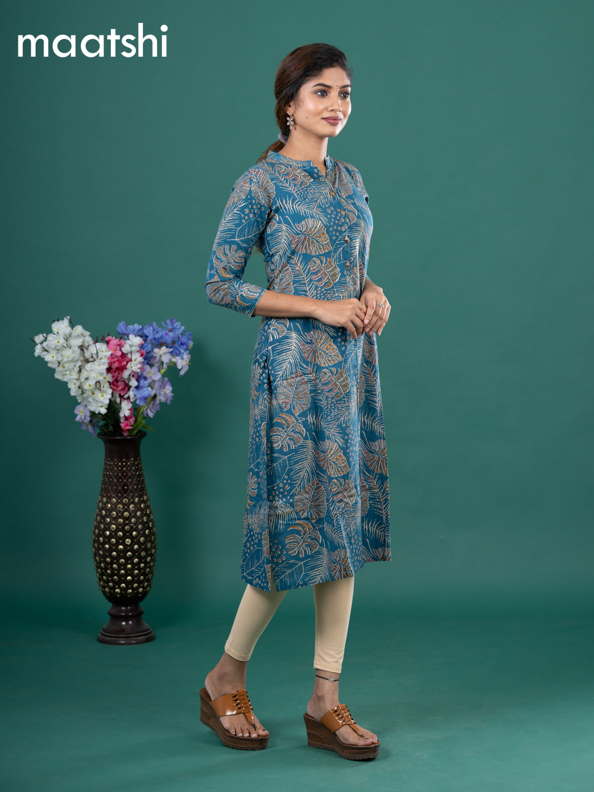 Cotton readymade kurti peacock green with allover prints & simple neck pattern without pant