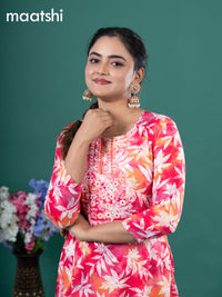 Cotton readymade kurti pink with allover leaf prints & embroidery mirror work neck pattern without pant