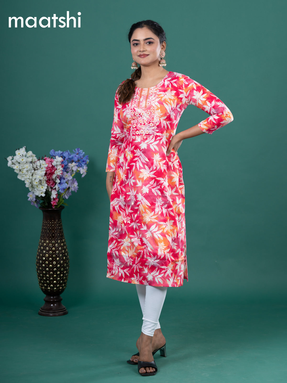 Cotton readymade kurti pink with allover leaf prints & embroidery mirror work neck pattern without pant