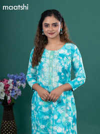 Cotton readymade kurti teal blue with allover floral prints & embroidery mirror work neck pattern without pant