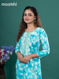 Cotton readymade kurti teal blue with allover floral prints & embroidery mirror work neck pattern without pant