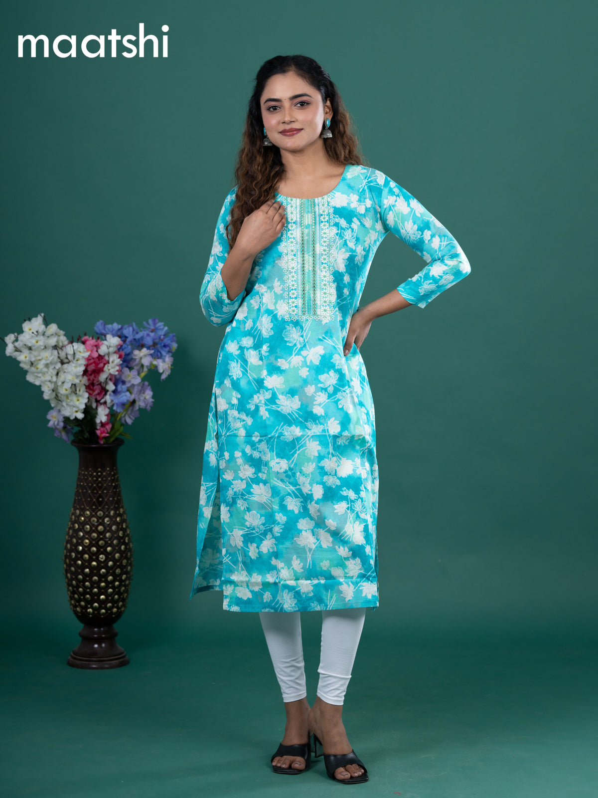 Cotton readymade kurti teal blue with allover floral prints & embroidery mirror work neck pattern without pant