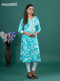 Cotton readymade kurti teal blue with allover floral prints & embroidery mirror work neck pattern without pant