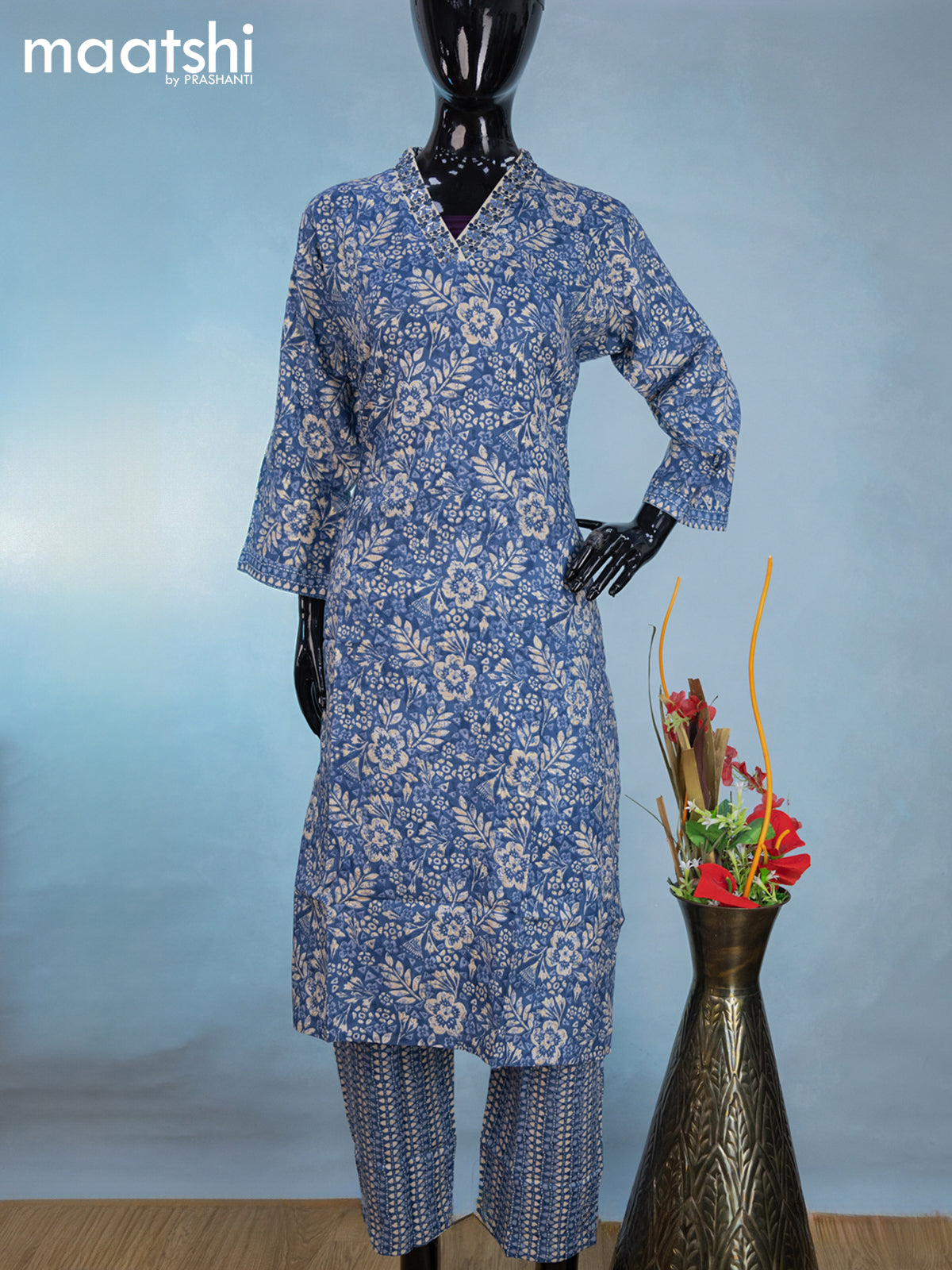 Cotton readymade kurti set blue and off white with allover floral prints & embroidery mirror work v neck pattern and straight cut pant