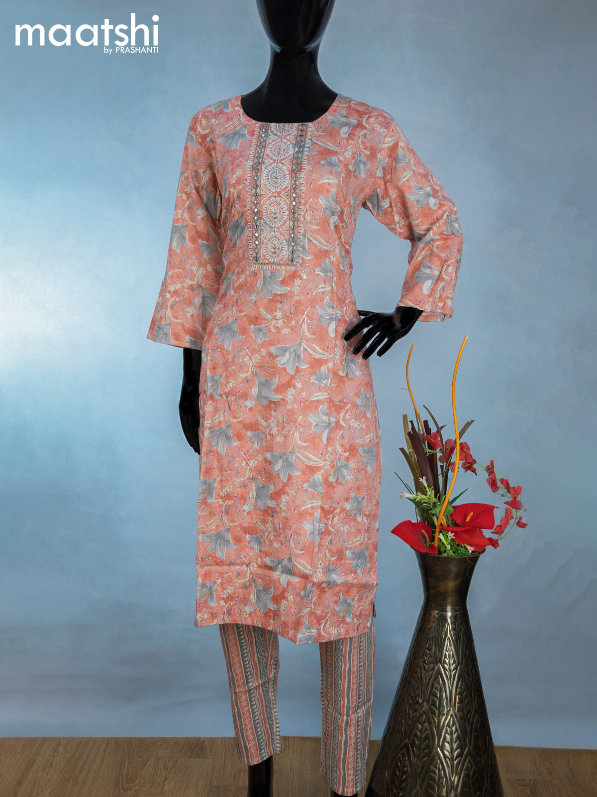 Rayon readymade kurti set peach shade and grey with allover floral prints & embroidery mirror work neck pattern and straight cut pant