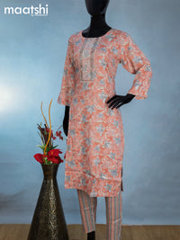 Rayon readymade kurti set peach shade and grey with allover floral prints & embroidery mirror work neck pattern and straight cut pant