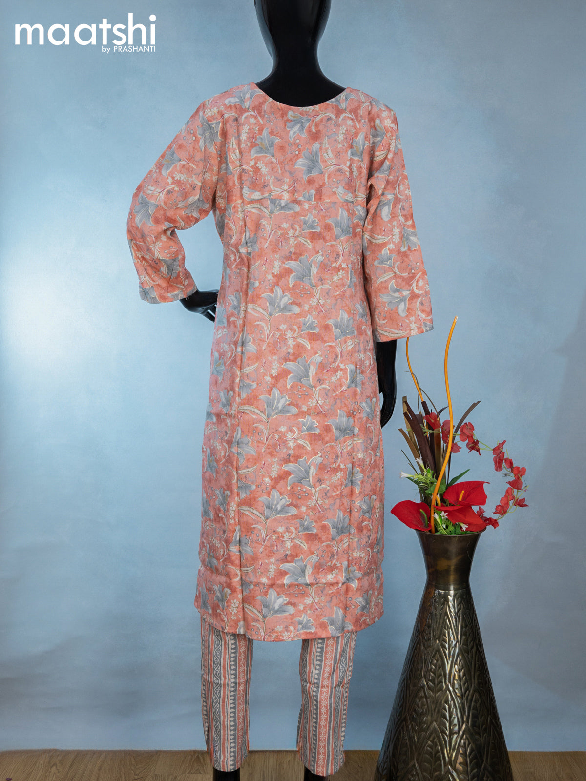 Rayon readymade kurti set peach shade and grey with allover floral prints & embroidery mirror work neck pattern and straight cut pant