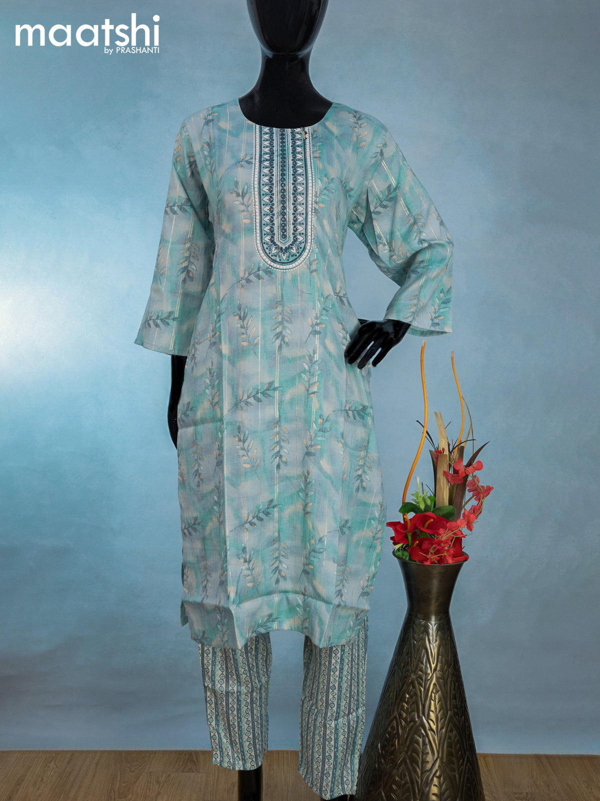 Rayon readymade kurti set teal blue and cream with allover prints and zari stripe & embroidery mirror work neck pattern and straight cut pant