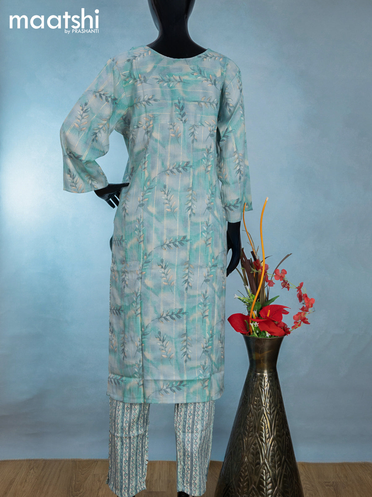 Rayon readymade kurti set teal blue and cream with allover prints and zari stripe & embroidery mirror work neck pattern and straight cut pant