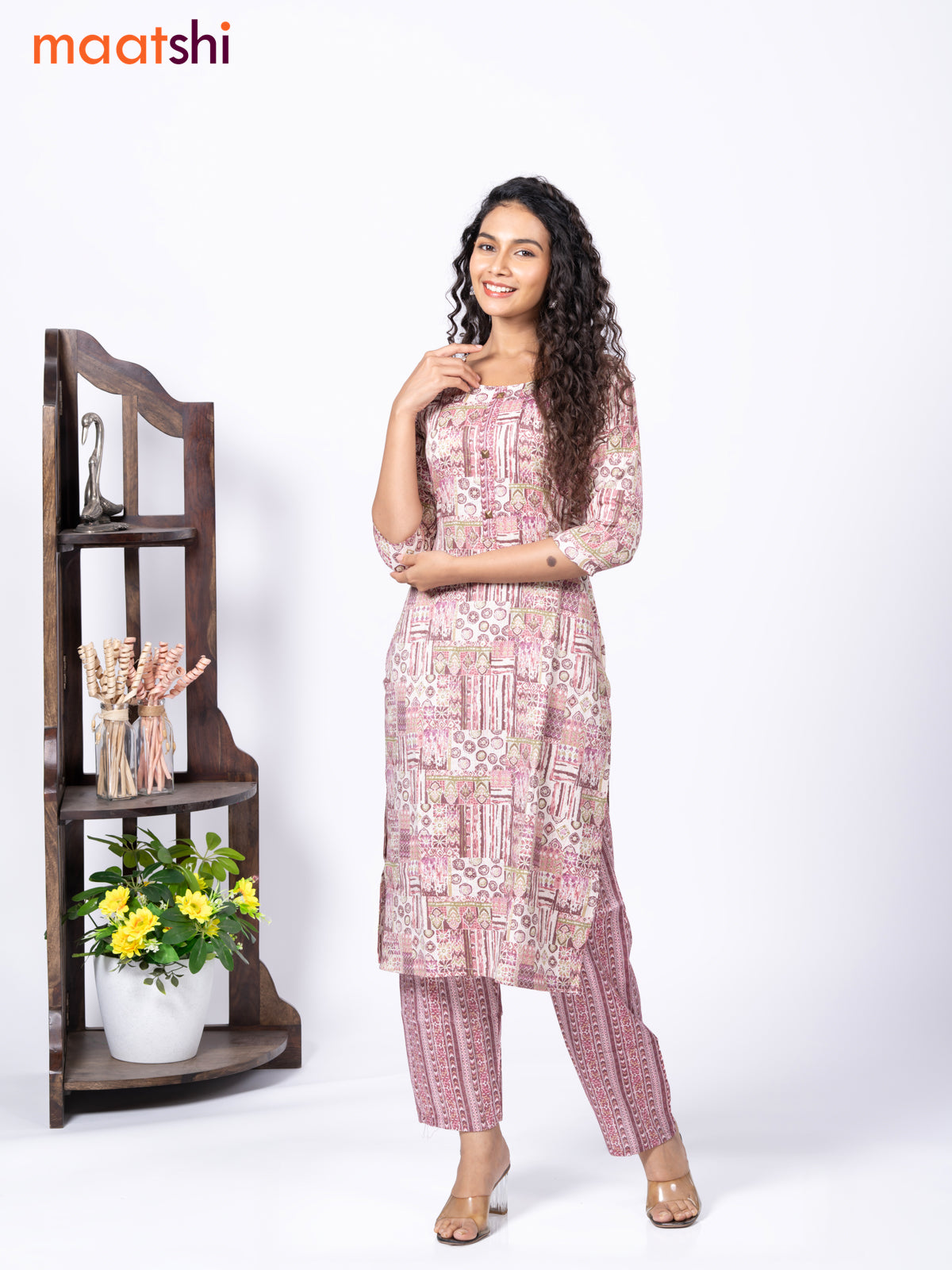 Rayon readymade kurti set off white and multi colour with allover prints & simple neck pattern and straight cut pant