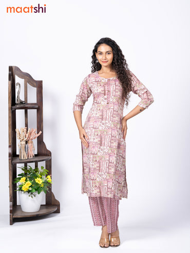 Rayon readymade kurti set off white and multi colour with allover prints & simple neck pattern and straight cut pant