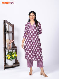 Cotton readymade kurti set wine shade and off white with alloover butta prints & sequin work v neck pattern and straight cut pant