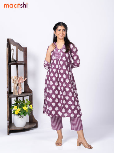 Cotton readymade kurti set wine shade and off white with alloover butta prints & sequin work v neck pattern and straight cut pant