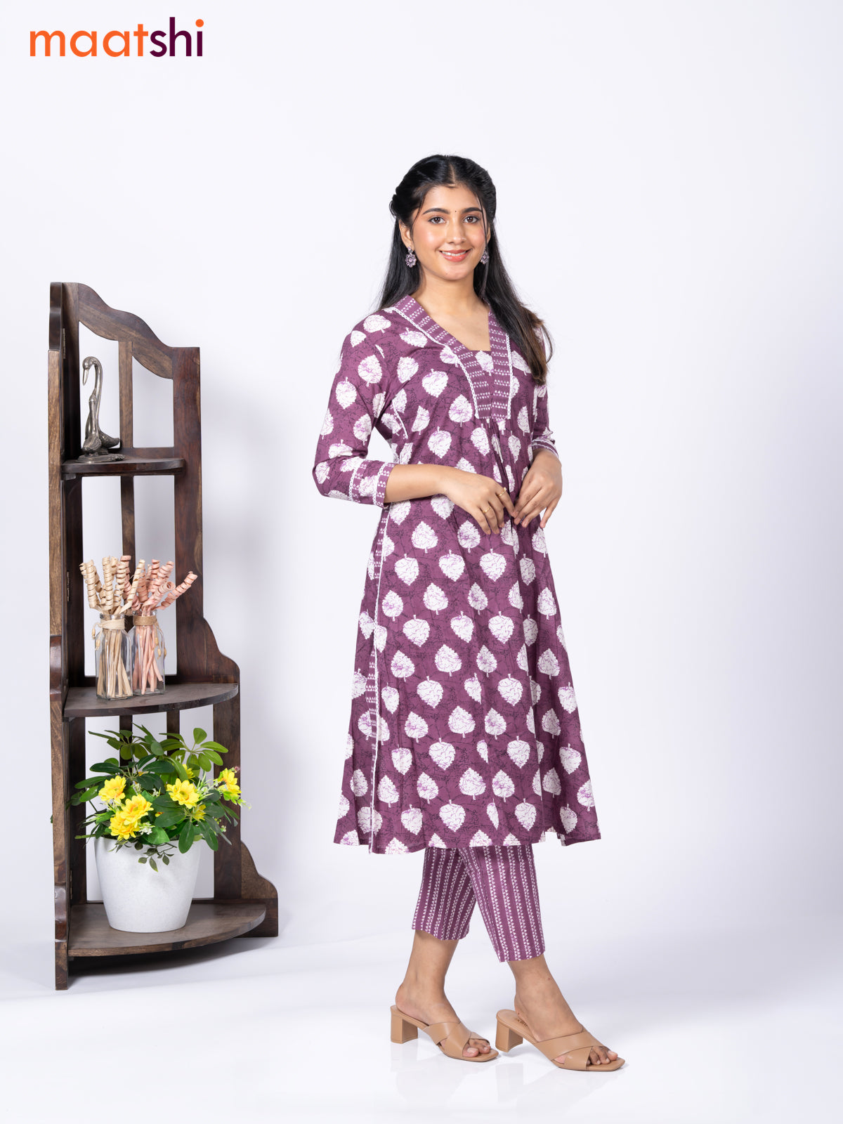 Cotton readymade kurti set wine shade and off white with alloover butta prints & sequin work v neck pattern and straight cut pant