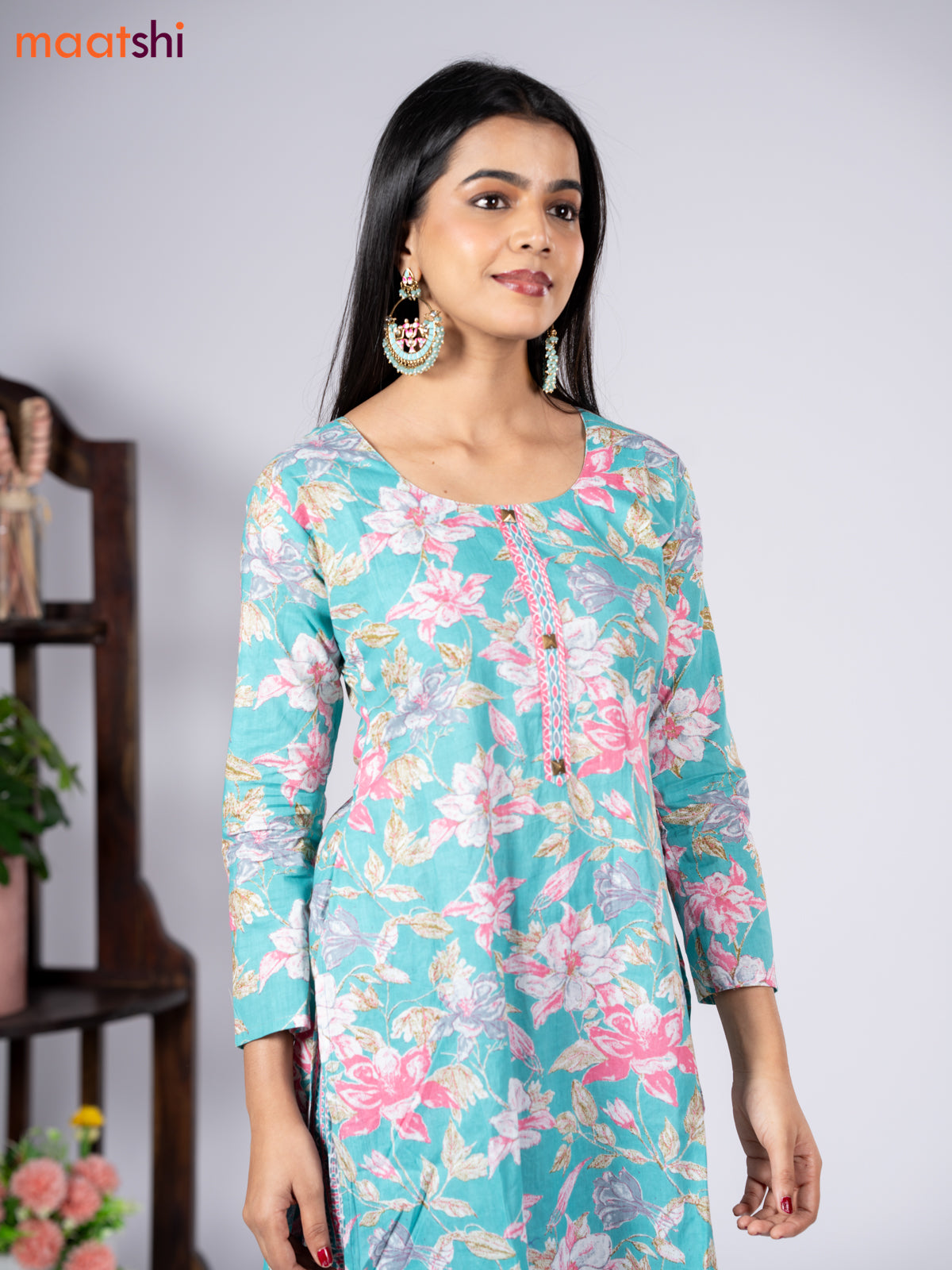 Cotton readymade kurti set teal blue and pink with allover floral prints & simple neck pattern and straight cut pant