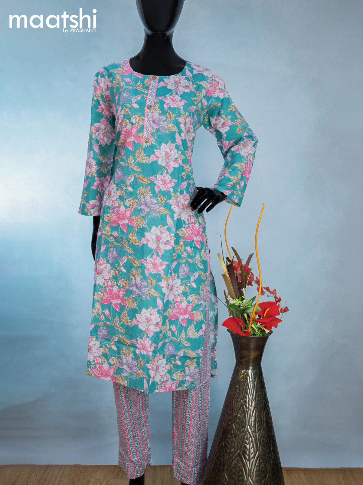 Cotton readymade kurti set teal blue and pink with allover floral prints & simple neck pattern and straight cut pant