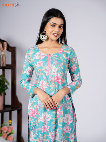 Cotton readymade kurti set teal blue and pink with allover floral prints & simple neck pattern and straight cut pant