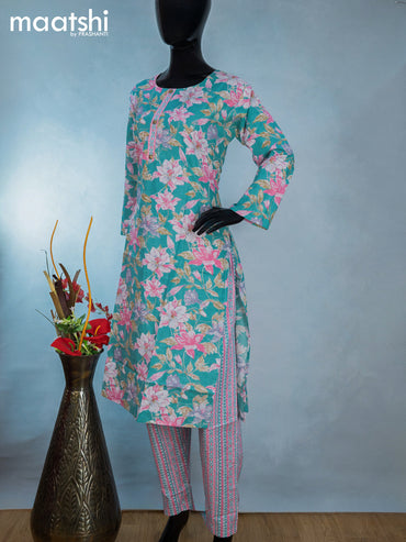 Cotton readymade kurti set teal blue and pink with allover floral prints & simple neck pattern and straight cut pant