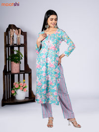 Cotton readymade kurti set teal blue and pink with allover floral prints & simple neck pattern and straight cut pant