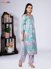 Cotton readymade kurti set teal blue and pink with allover floral prints & simple neck pattern and straight cut pant