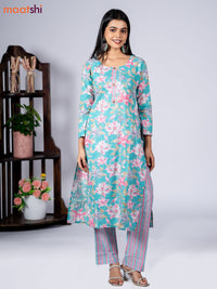 Cotton readymade kurti set teal blue and pink with allover floral prints & simple neck pattern and straight cut pant