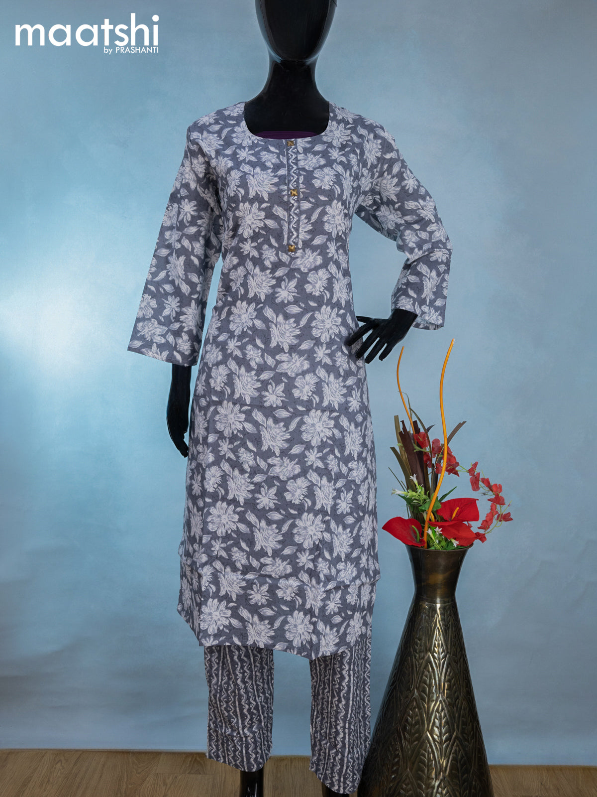 Cotton readymade kurti set grey and off white with allover floral prints & simple neck pattern and straight cut pant