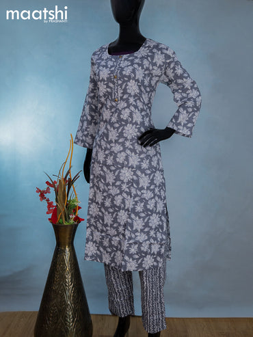 Cotton readymade kurti set grey and off white with allover floral prints & simple neck pattern and straight cut pant