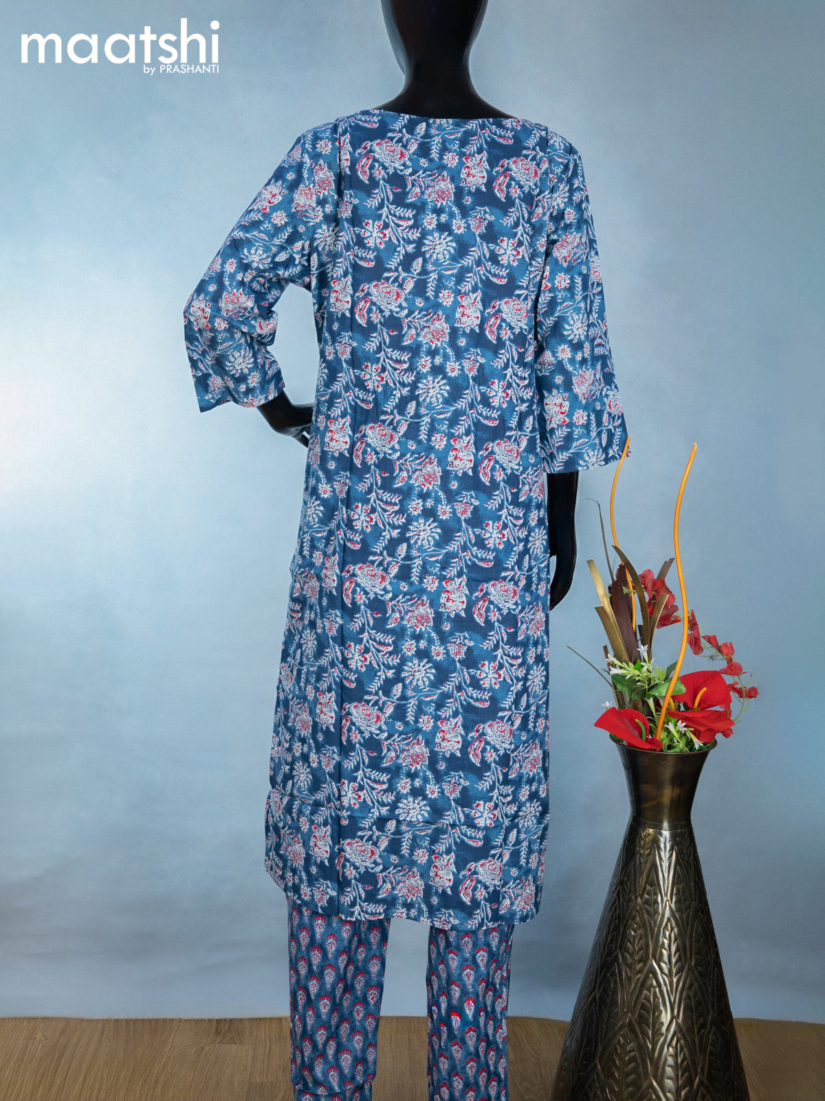 Cotton readymade kurti set blue and off white with allover floral prints & simple neck pattern and straight cut pant