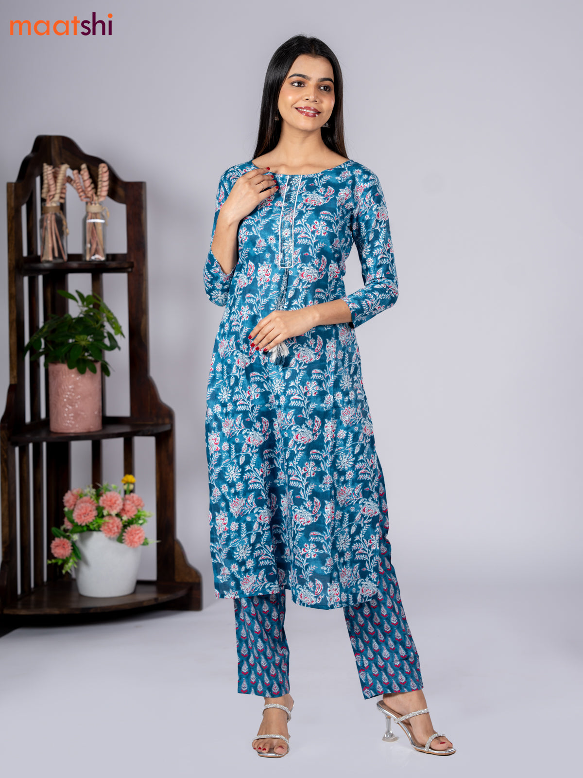 Cotton readymade kurti set blue and off white with allover floral prints & simple neck pattern and straight cut pant