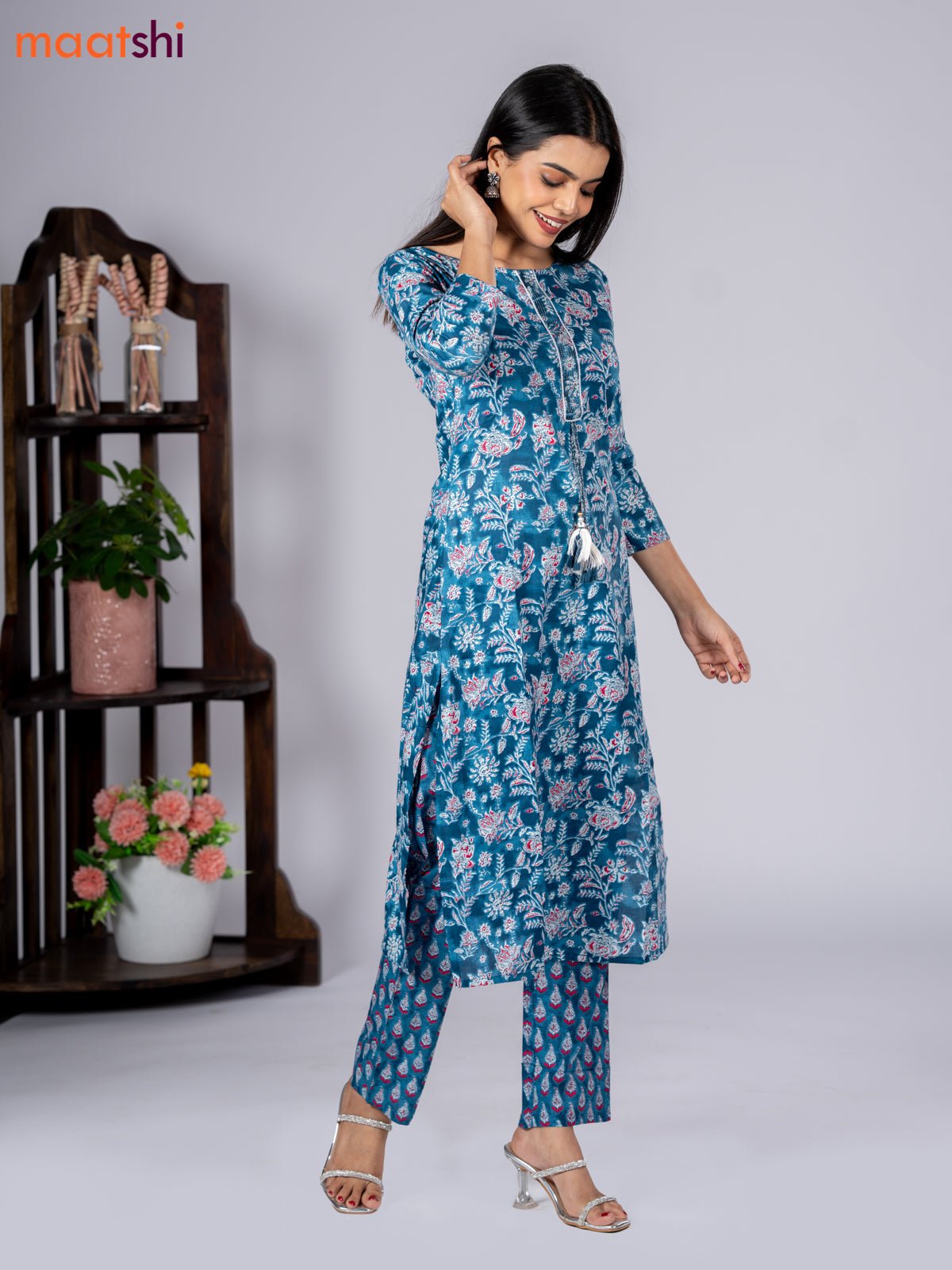 Cotton readymade kurti set blue and off white with allover floral prints & simple neck pattern and straight cut pant