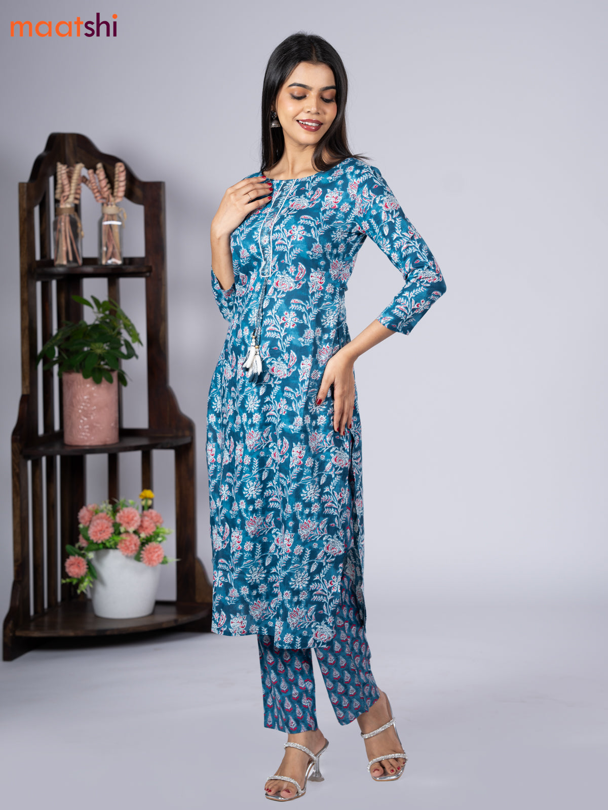 Cotton readymade kurti set blue and off white with allover floral prints & simple neck pattern and straight cut pant