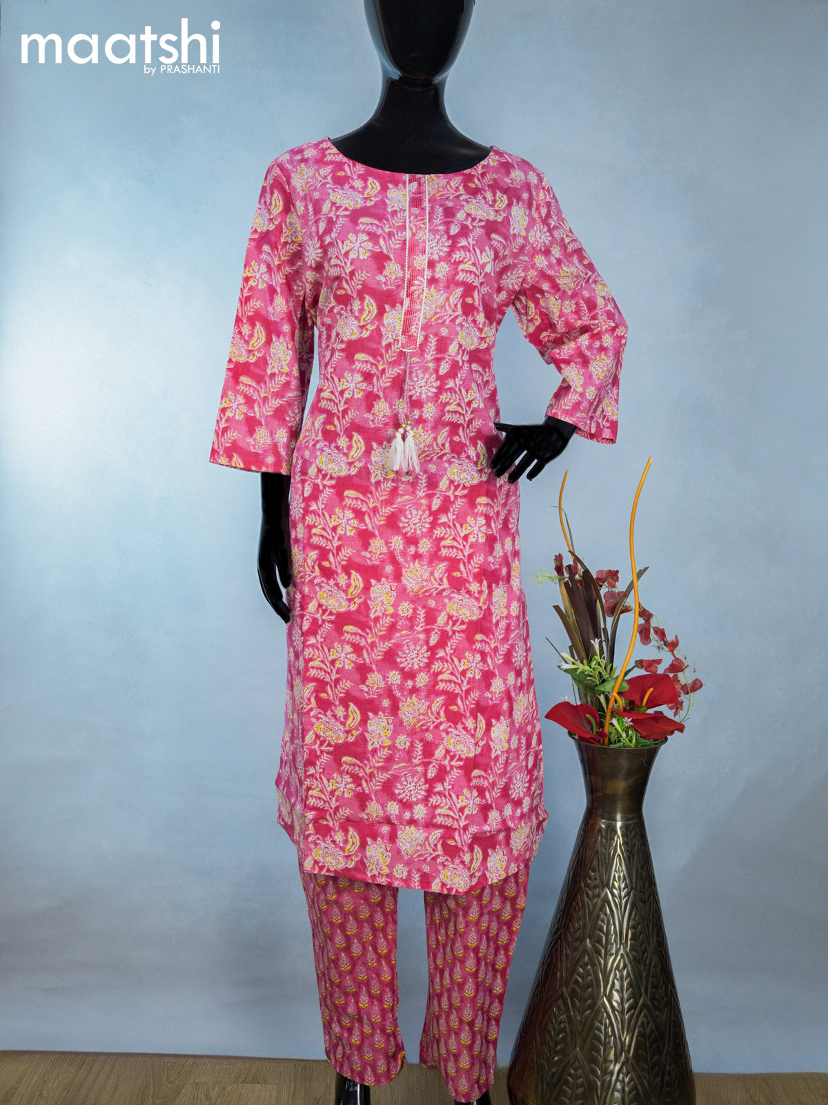 Cotton readymade kurti set pink and off white with allover floral prints & simple neck pattern and straight cut pant