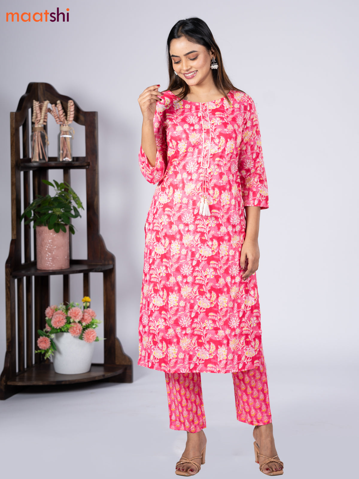 Cotton readymade kurti set pink and off white with allover floral prints & simple neck pattern and straight cut pant