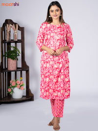 Cotton readymade kurti set pink and off white with allover floral prints & simple neck pattern and straight cut pant