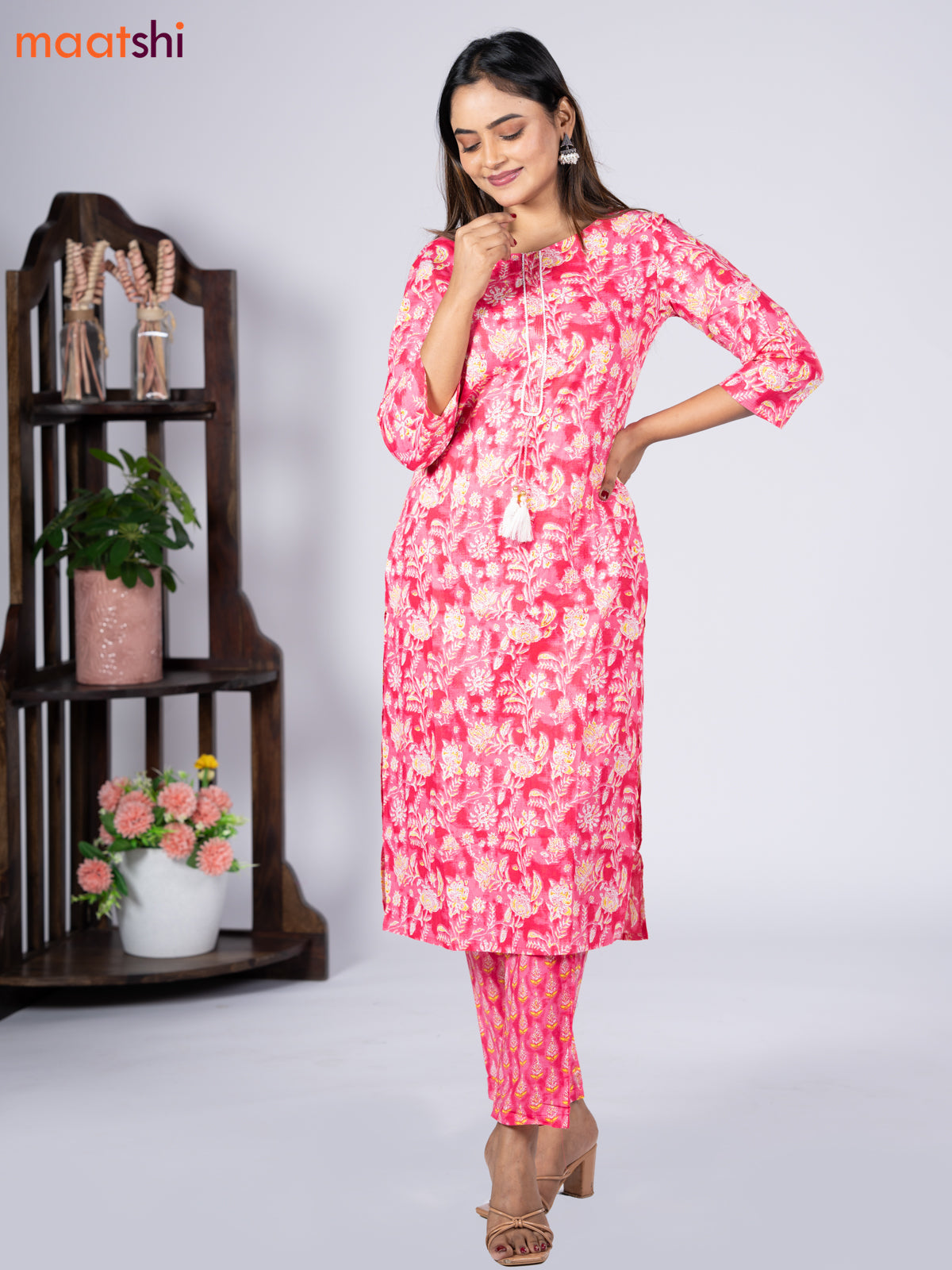 Cotton readymade kurti set pink and off white with allover floral prints & simple neck pattern and straight cut pant