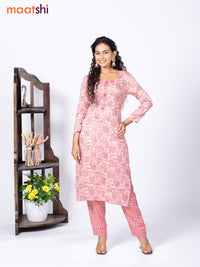 Rayon readymade kurti set peach shade and red with allover prints & simple neck pattern and straight cut pant