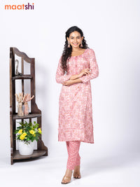 Rayon readymade kurti set peach shade and red with allover prints & simple neck pattern and straight cut pant