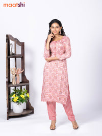 Rayon readymade kurti set peach shade and red with allover prints & simple neck pattern and straight cut pant