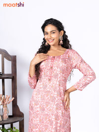 Rayon readymade kurti set peach shade and red with allover prints & simple neck pattern and straight cut pant